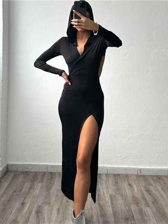 Chica Midi Φόρεμα με Κουκούλα με Σκίσιμο Μαύρο