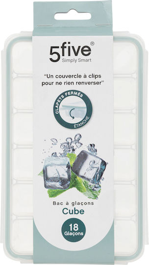 5Five Tavă pentru cuburi de gheață Rectangulare din plastic 18 compartimente cu capac Alb 136091