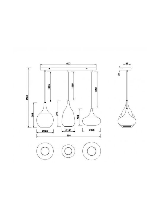 Trio Lighting Lumina Ρυθμιζόμενο Κρεμαστό Φωτιστικό Μαύρο Ράγα με Ντουί E14 69x8.5x150εκ.