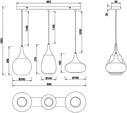 Trio Lighting Lumina Ρυθμιζόμενο Κρεμαστό Φωτιστικό Μαύρο Ράγα με Ντουί E14 69x8.5x150εκ.