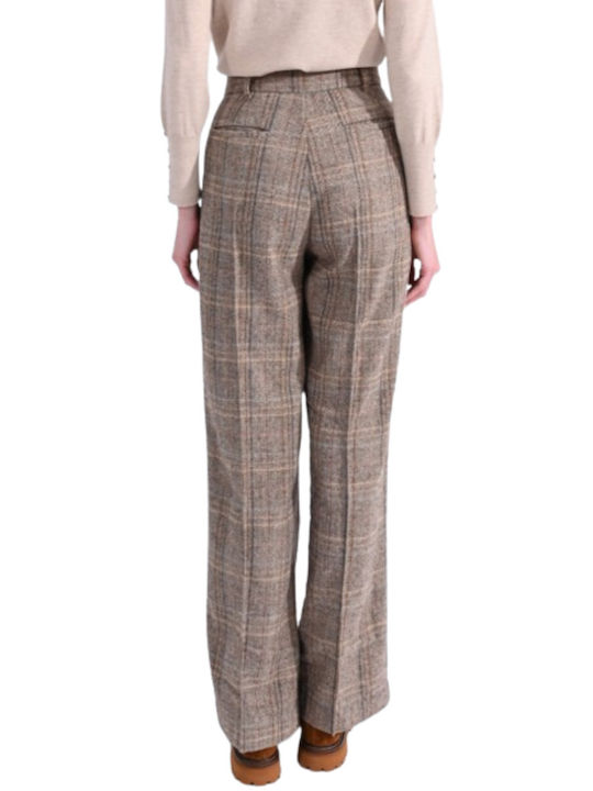 Molly Bracken Ladies Women's High-waisted Fabric Trousers Checked Beige