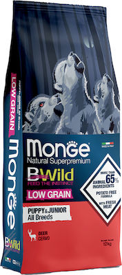 Monge BWild Low Grain All Breeds Puppy & Junior 12kg Ξηρά Τροφή με Λίγα Σιτηρά για Κουτάβια με Ελάφι