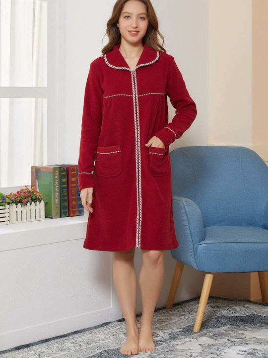 Ustyle Winter Women's Fleece Robe Burgundy