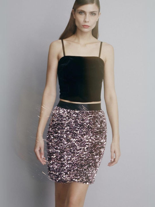 Top Crop din Catifea cu Bretele Negru