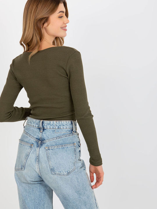 Relevance Damen Bluse Baumwolle Langärmelig Khaki