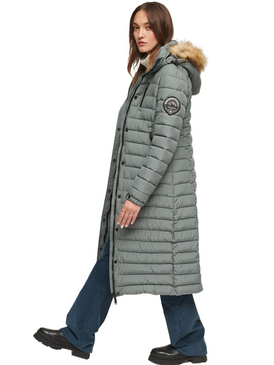 Superdry Fuji Women's Long Puffer Jacket for Winter with Hood Balsam Green