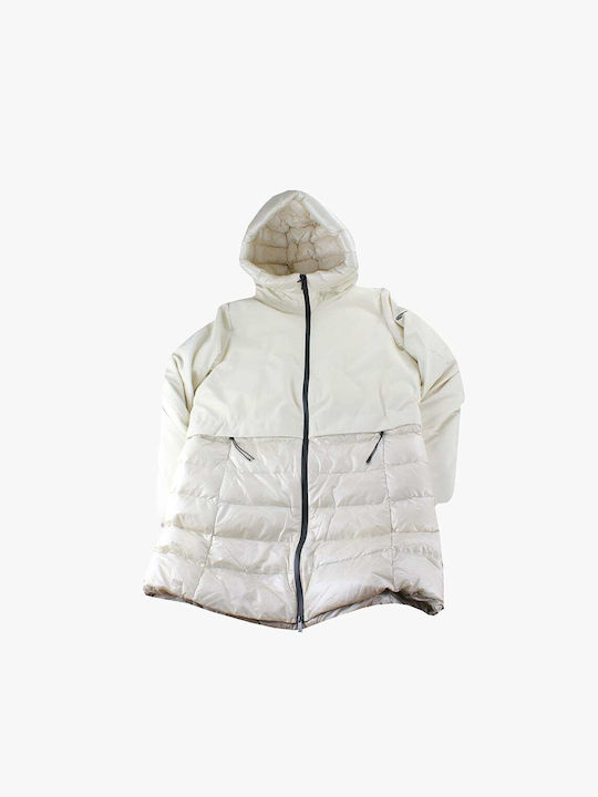 U.S. Polo Assn. Women's Short Puffer Jacket for Winter with Hood Beige