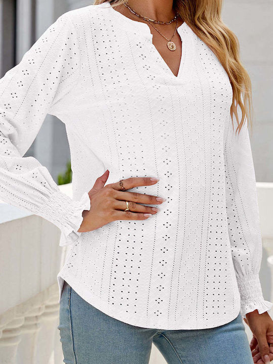 Amely Damen Bluse Langärmelig mit V-Ausschnitt White