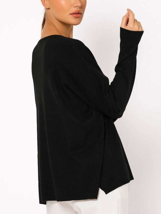 Women's Long Sleeve Sweater with V Neckline Black