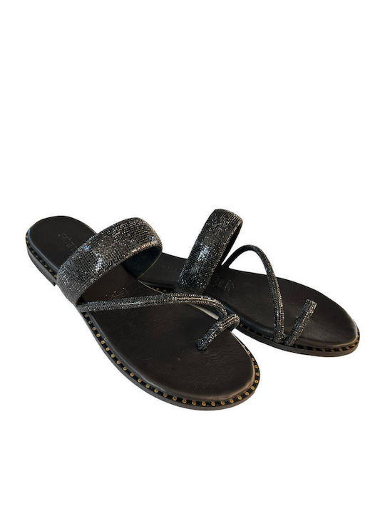 Leather Women's Flat Sandals in Black Color