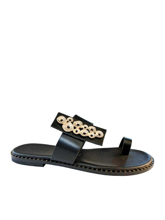 Leather Women's Flat Sandals in Black Color