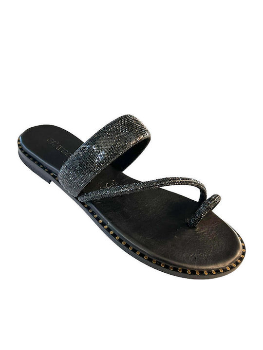 Leather Women's Flat Sandals in Black Color