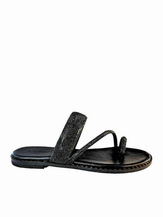 Leather Women's Flat Sandals in Black Color