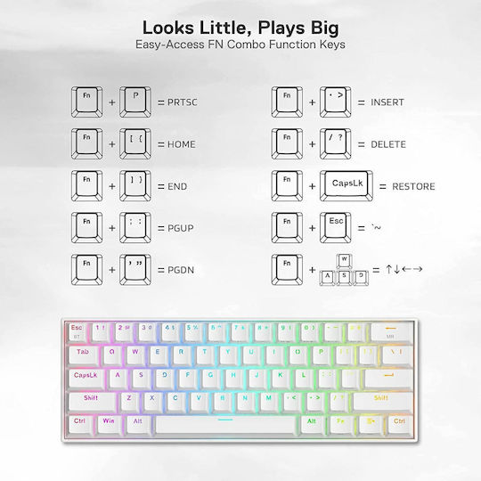 Redragon K530 Draconic Pro Fără fir Gaming Tastatură Mecanică 60% cu Custom Red comutatoare și iluminare RGB (Engleză US) Alb