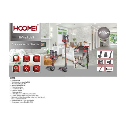 Hoomei Electrică Aspirator 2 în 1 Stick & De Mână 600W Roșie HM-2182T
