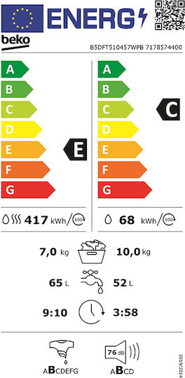 Beko Πλυντήριο-Στεγνωτήριο Ρούχων 10kg/7kg Ατμού 1400 Στροφές