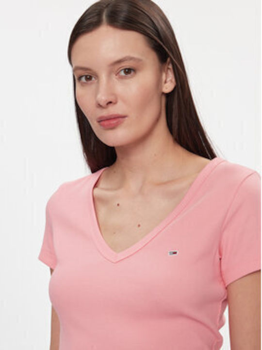 Tommy Hilfiger Γυναικείο T-shirt με V Λαιμόκοψη Ροζ