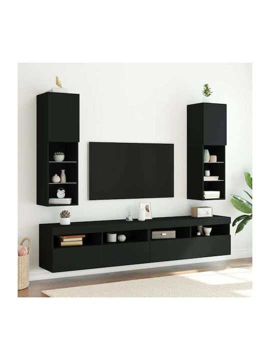 Wall Living Room Display Cabinet made of Particleboard with Glass & Lighting Black 30.5x30x102cm