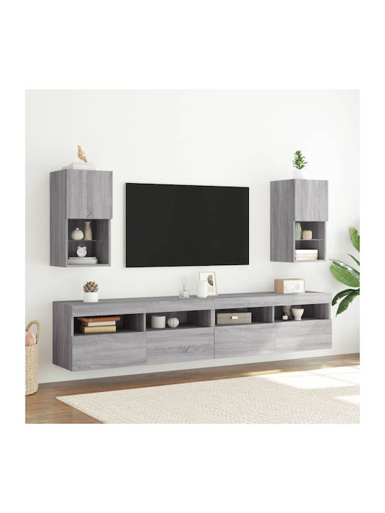 Wall Living Room Display Cabinet made of Particleboard with Glass & Lighting Grey 30.5x30x60cm