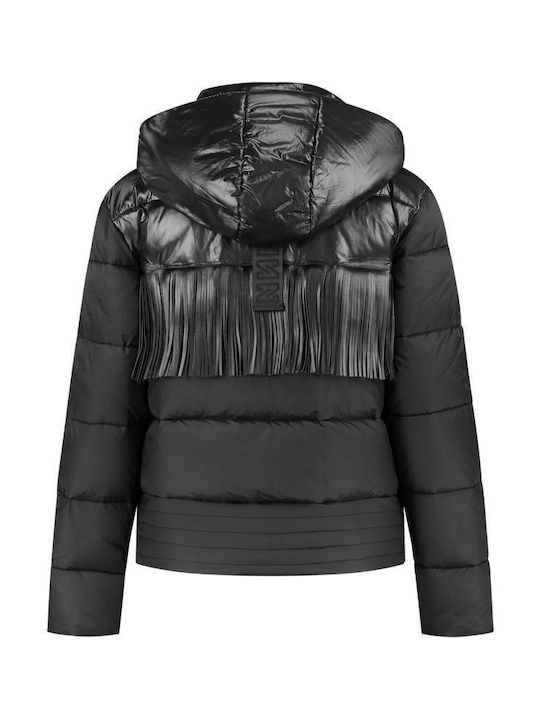 Nikkie Women's Short Puffer Artificial Leather Jacket for Winter with Hood Black