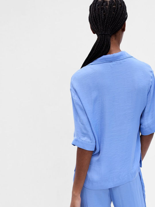 GAP Καλοκαιρινή Γυναικεία Σατέν Μπλούζα Πιτζάμας Shirting Blue