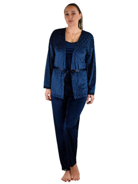 Mihra Winter Damen Pyjama-Set Samt Marineblau