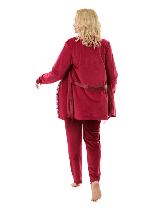 VIolet Winter Damen Samt Robe mit Pyjama Rot
