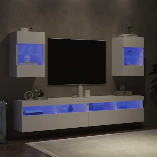 Vitrină Suspendată pentru Sufragerie din Placă Aglomerată Albă cu Geam și Iluminare LED 40x30x60,5 cm