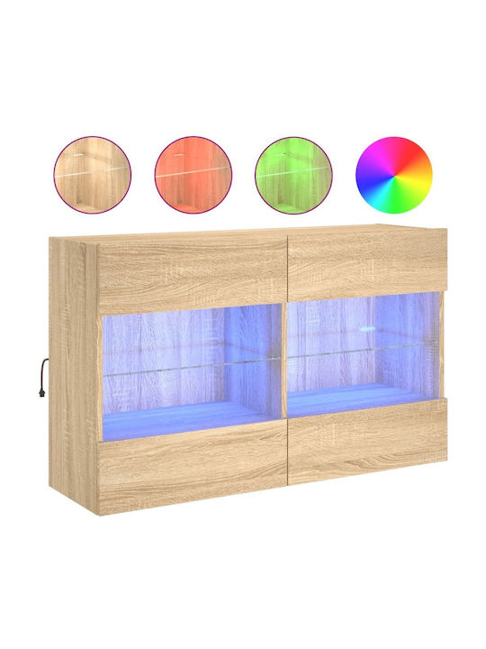 Wall Mounted Particle Board Living Room Display Cabinet with Glass & Lighting Coffee 98.5x30x60.5cm