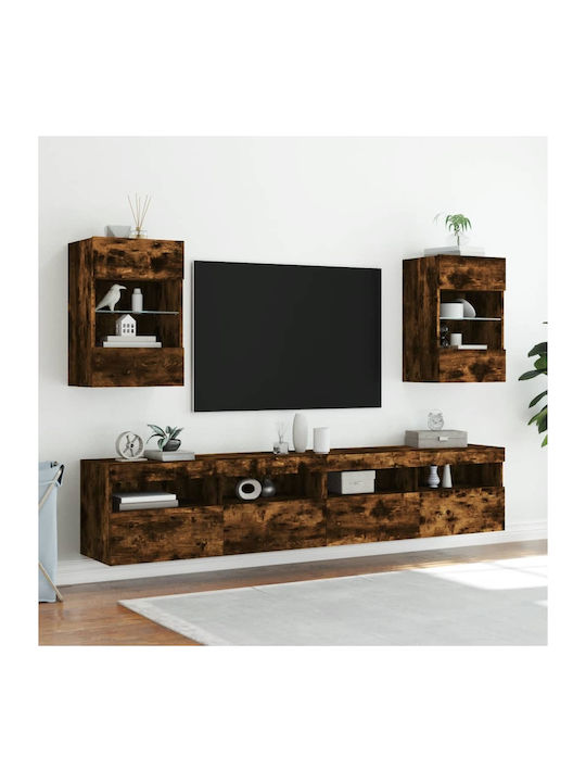 Wall Living Room Display Cabinet made of Particleboard with Glass & Lighting Smoky Oak 40x30x60.5cm