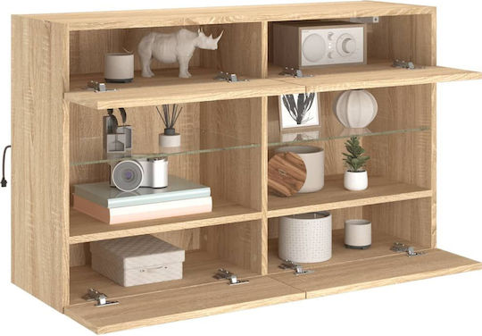 Wall Living Room Display Cabinet made of Particleboard with Glass & Lighting Coffee 98.5x30x60.5cm