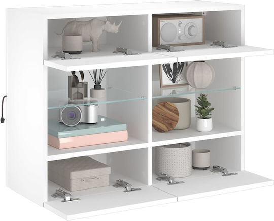Hängevitrine fürs Wohnzimmer aus Spanplatte Weiß mit Glas & LED-Beleuchtung 78,5x30x60,5 cm