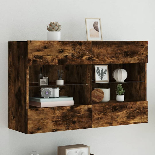 Wall Living Room Display Cabinet made of Particleboard with Glass & Lighting Smoky Oak 98.5x30x60.5cm