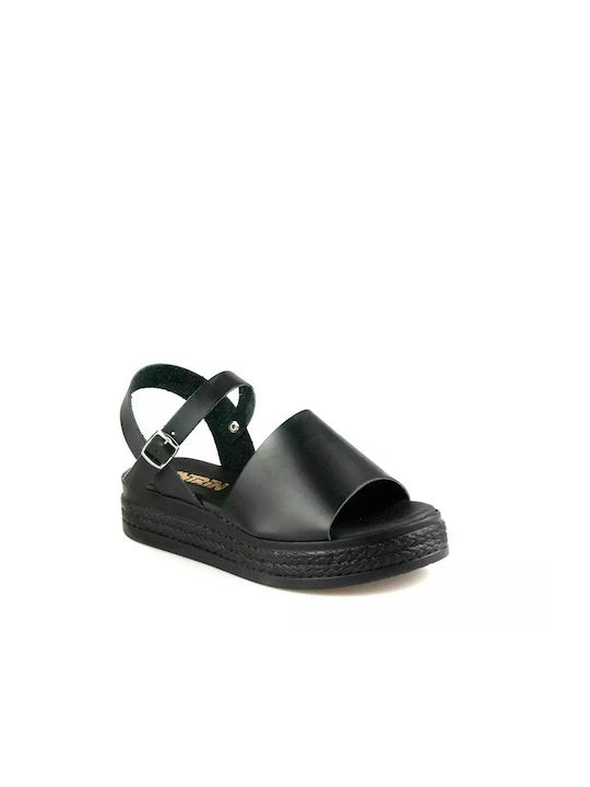 Antrin Anatomic Flatforms Leather Women's Sandals with Ankle Strap Black