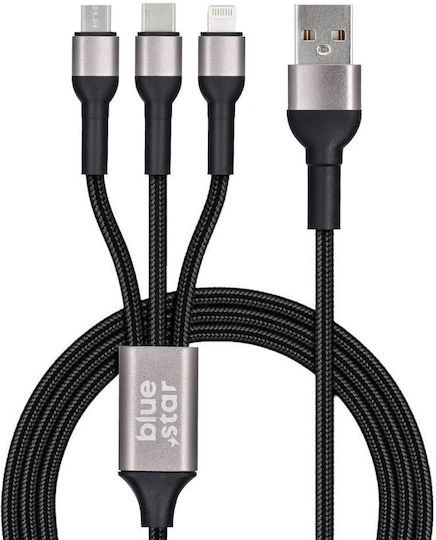 Blue Star Плетена USB към Lightning / Type-C / micro USB Кабел 3Спецификация Черен 1.2м (594886)