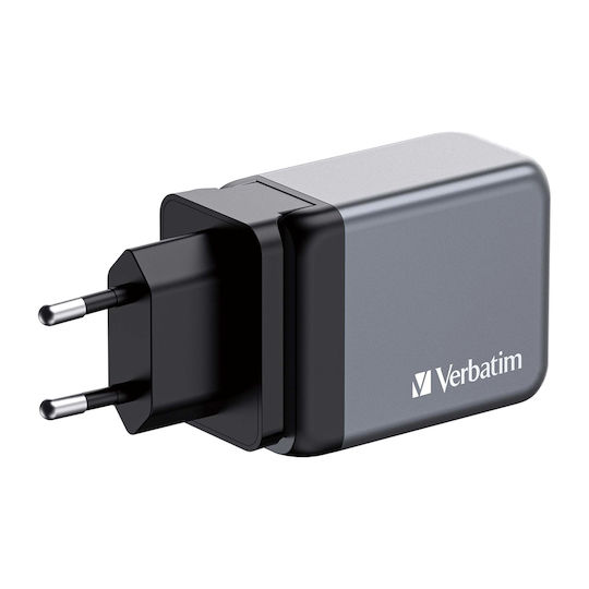 Verbatim Φορτιστής Χωρίς Καλώδιο GaN με Θύρα USB-A και 2 Θύρες USB-C 65W Power Delivery / Quick Charge 3.0 Γκρι (GNC-65)
