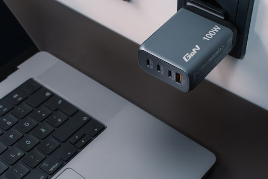 Verbatim Φορτιστής Χωρίς Καλώδιο GaN με Θύρα USB-A και 3 Θύρες USB-C 100W Power Delivery / Quick Charge 3.0 Γκρι (GNC-100)