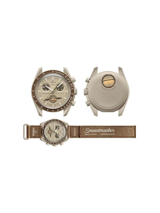 Swatch Moonswatch Mission to Saturn Uhr Batterie mit Braun Stoffarmband