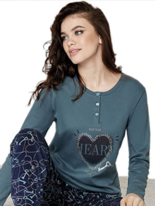 Infiore Infiore Women's Winter Cotton Pajama Blouse Petrol