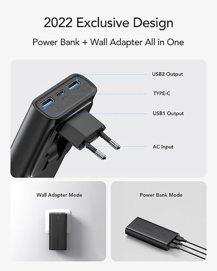 Vrurc W1146 Power Bank 10000mAh 20W με 2 Θύρες USB-A και Θύρα USB-C Power Delivery / Quick Charge 3.0 Μαύρο