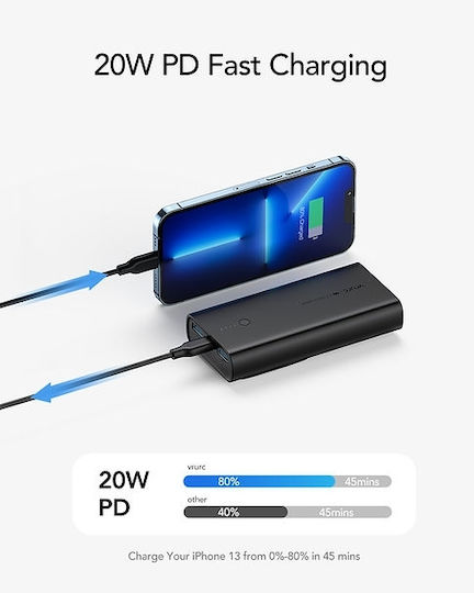 Vrurc W1146 Power Bank 10000mAh 20W με 2 Θύρες USB-A και Θύρα USB-C Power Delivery / Quick Charge 3.0 Μαύρο