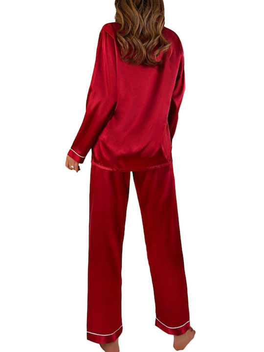 Pretty Lingerie Winter Damen Pyjama-Set Satin Bordeaux