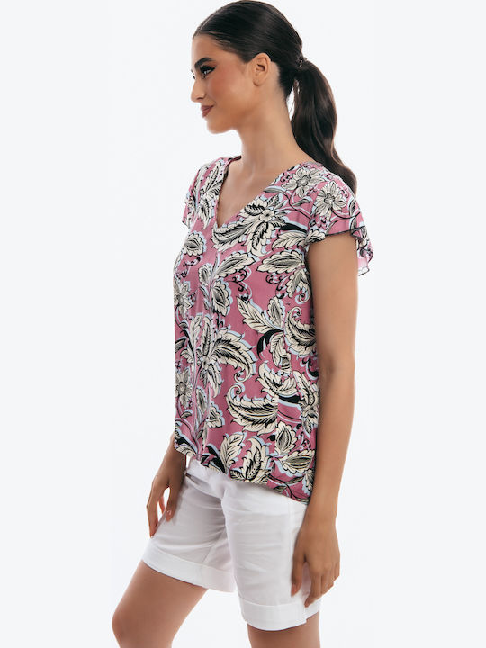Damen Bluse Kurzärmelig mit V-Ausschnitt Pink