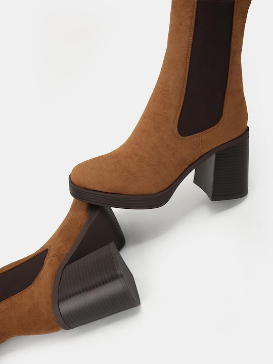 Suede Women's Chelsea Boots with High Heel Brown