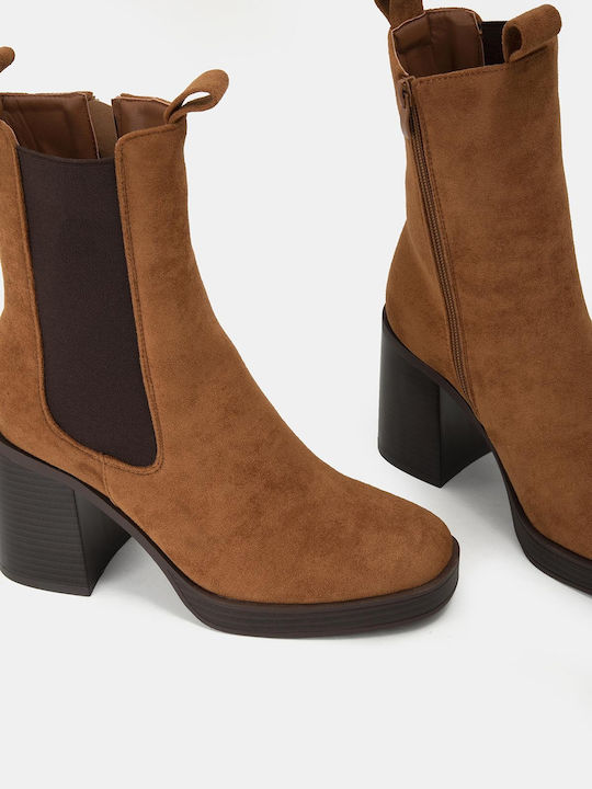 Suede Women's Chelsea Boots with High Heel Brown