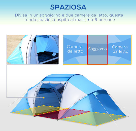 Outsunny Σκηνή Camping Τούνελ Μπλε 3 Εποχών για 6 Άτομα 460x230x195εκ.