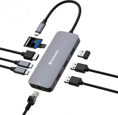 Verbatim CMH-9 USB-C Stație de andocare cu HDMI 4K PD Ethernet Gri