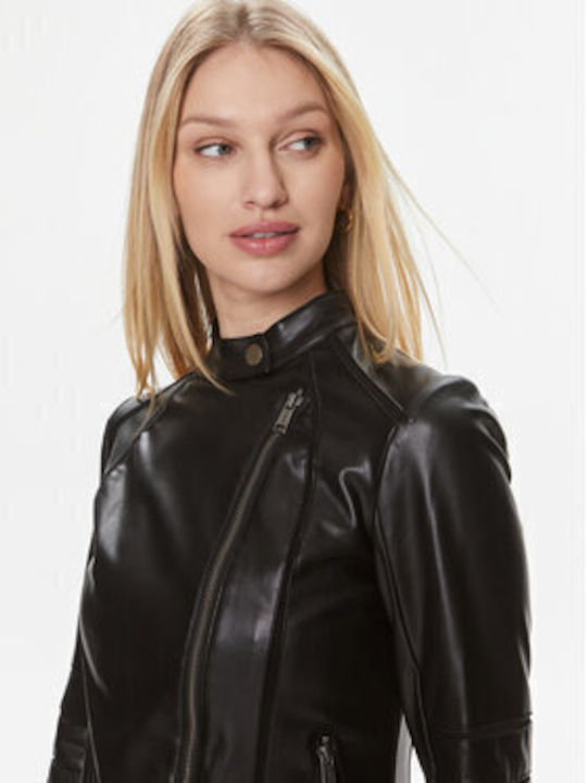 Guess Women's Short Lifestyle Leather Jacket for Winter Black.