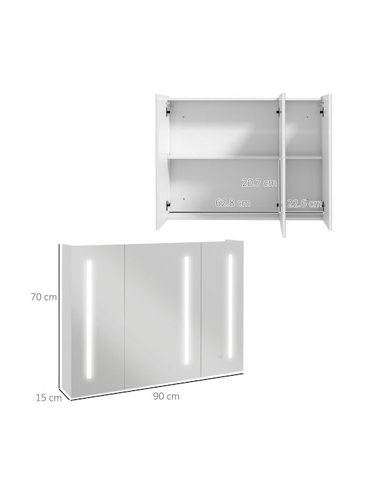 Kleankin Банско Огледало LED от MDF с Рафт 90x15см Бял