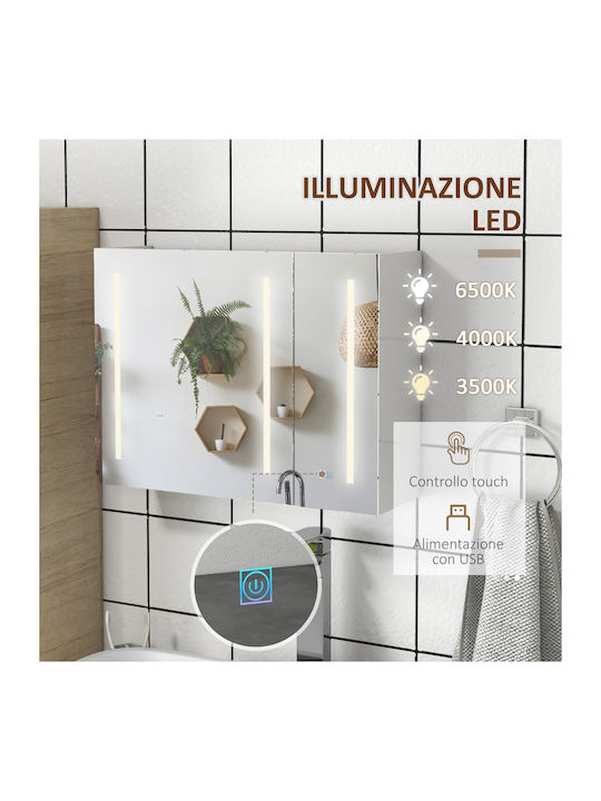 Kleankin Банско Огледало LED от MDF с Рафт 90x15см Бял